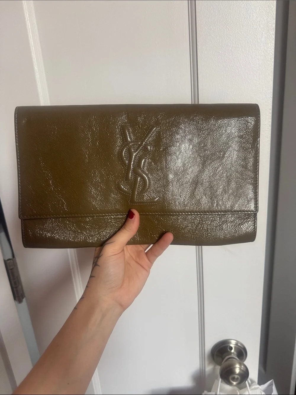 Saint Laurent Taupe/Grey/Olive Leather YSL Logo Clutch